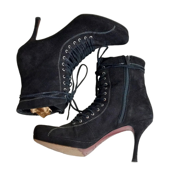 Vintage‎ 90's Y2K Black Suede Platform Lace Up Boots Goth Witchcore Sexy - Picture 6 of 16